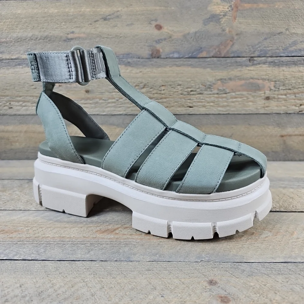 UGG Ashton Heritage Women's Platform Sandals Moss Green Suede Logo Strap - Picture 2 of 13